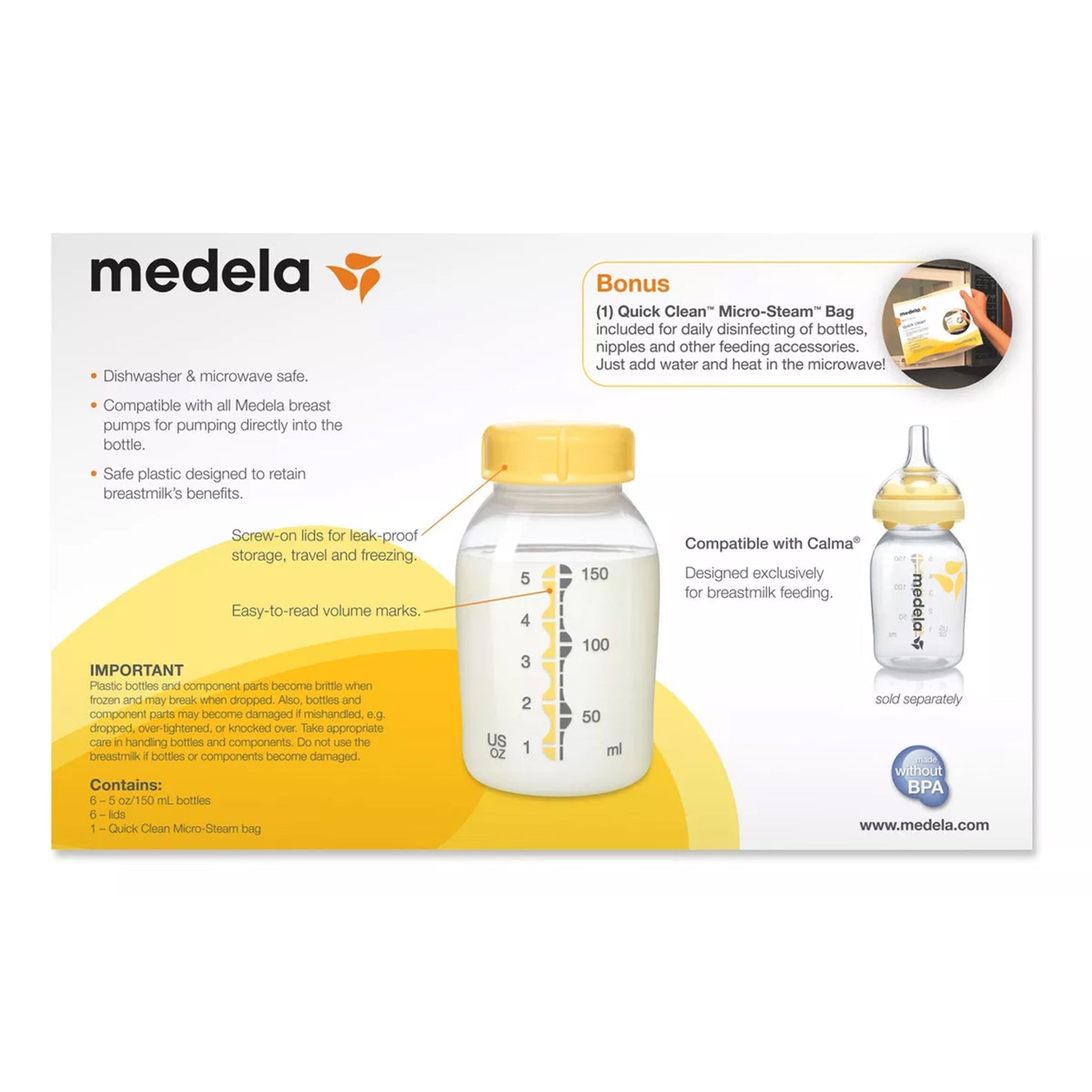 6 Botellas para Leche Materna con Tapas y 1 Bolsa Esterilizadora Quick Clean™